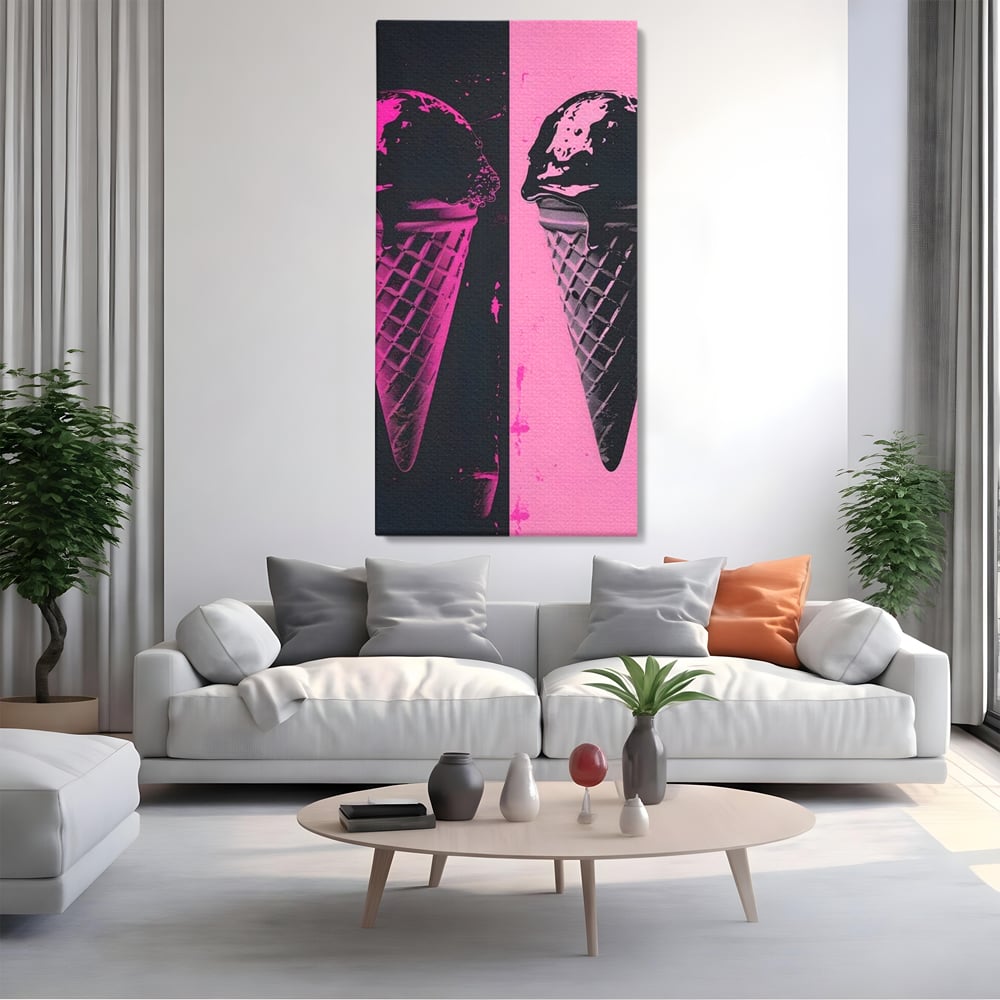 Tablou canvas cu tablou canvas cu doua inghetate pe bat impartit vertical, fara rama, pe sasiu de lemn, pe perete intr-un living